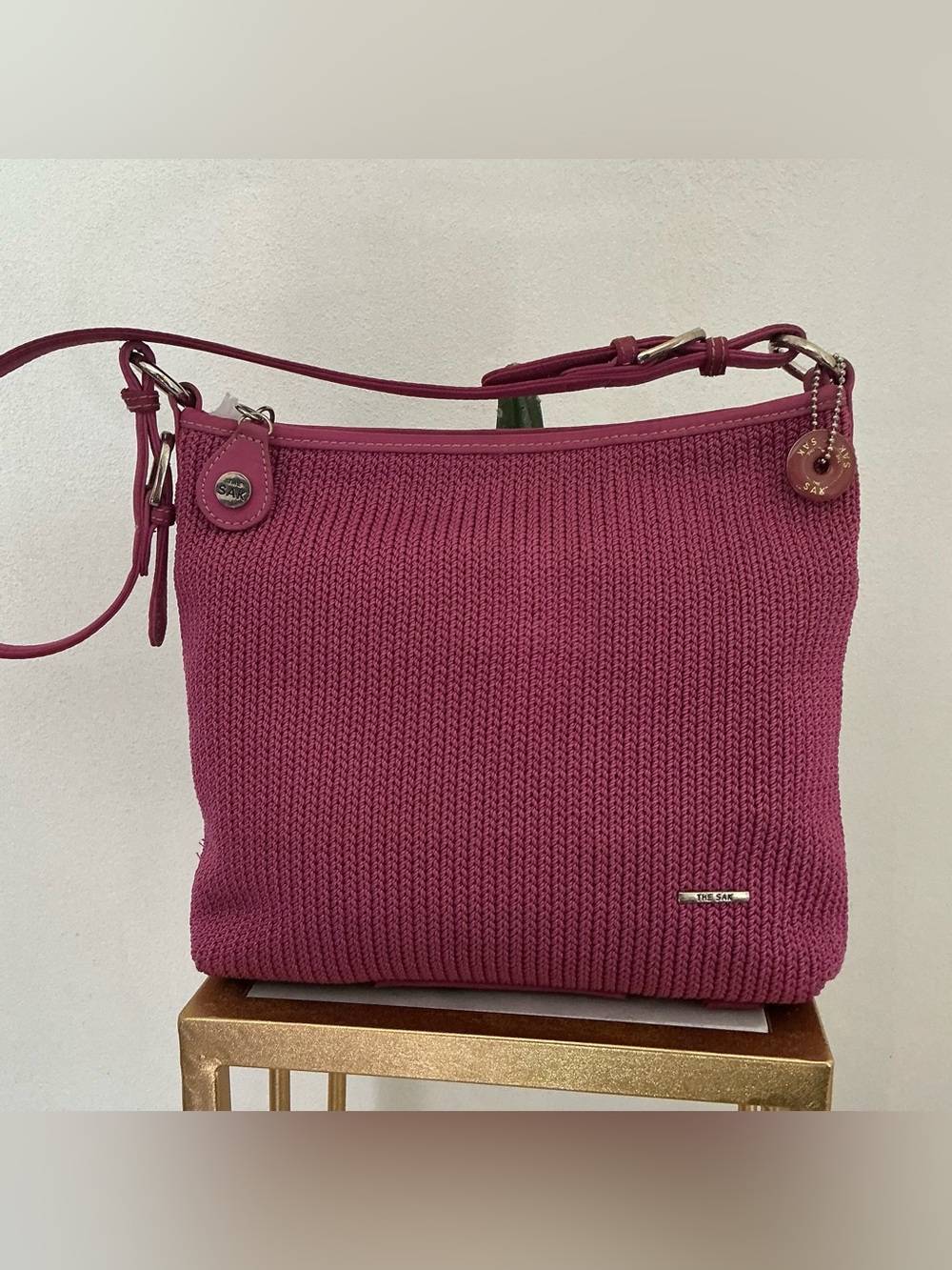 The Sak Knit Crossbody Bag in Berry Pink